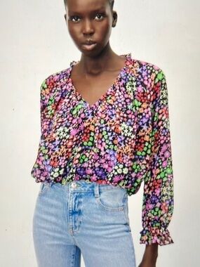 Zara Multicolor Floral Ruffled V-Neck Long-Sleeve Cropped Blouse